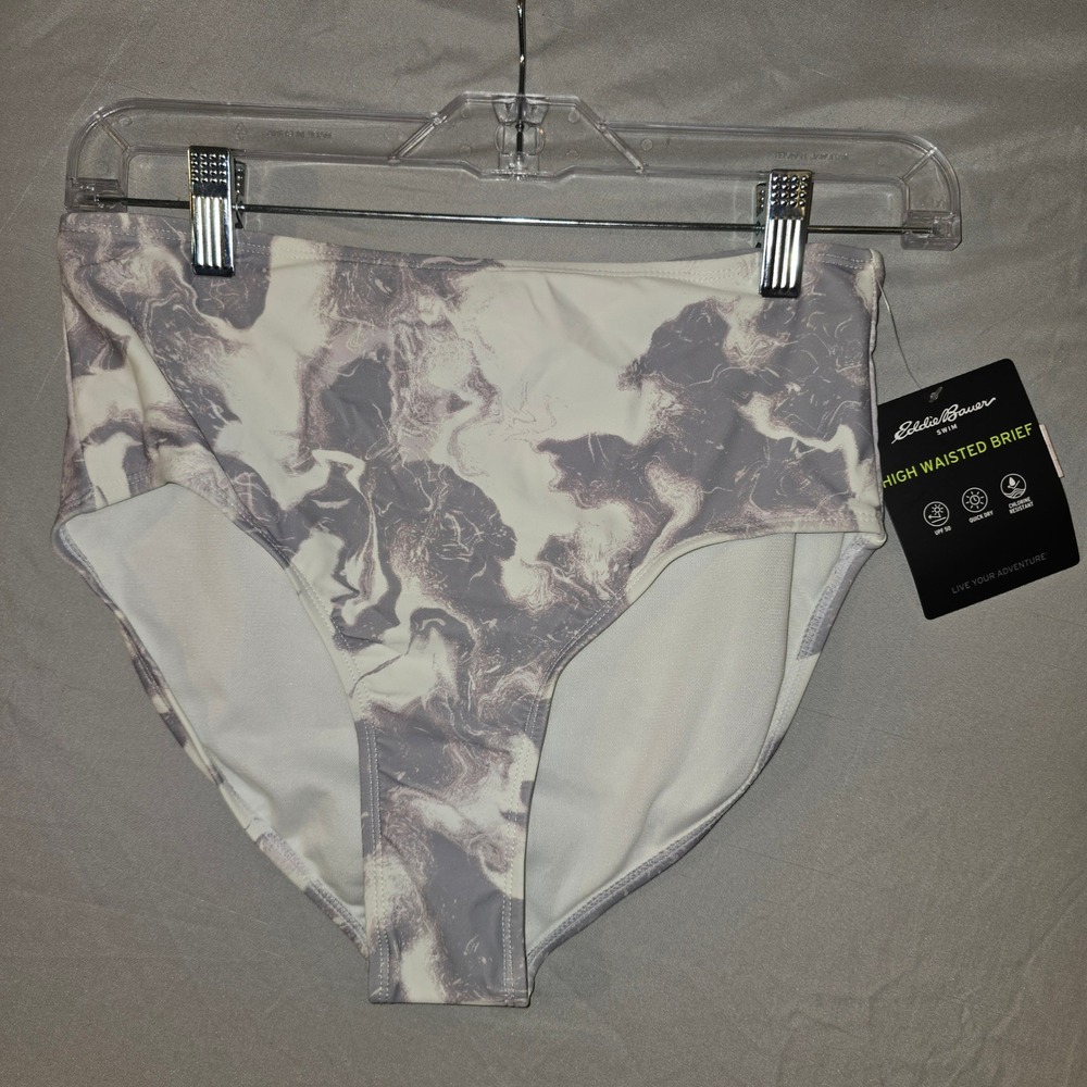 Eddie Bauer Swim Bottoms Womens S "Pale Pink/Grey" Marble High Waisted Brief NWT